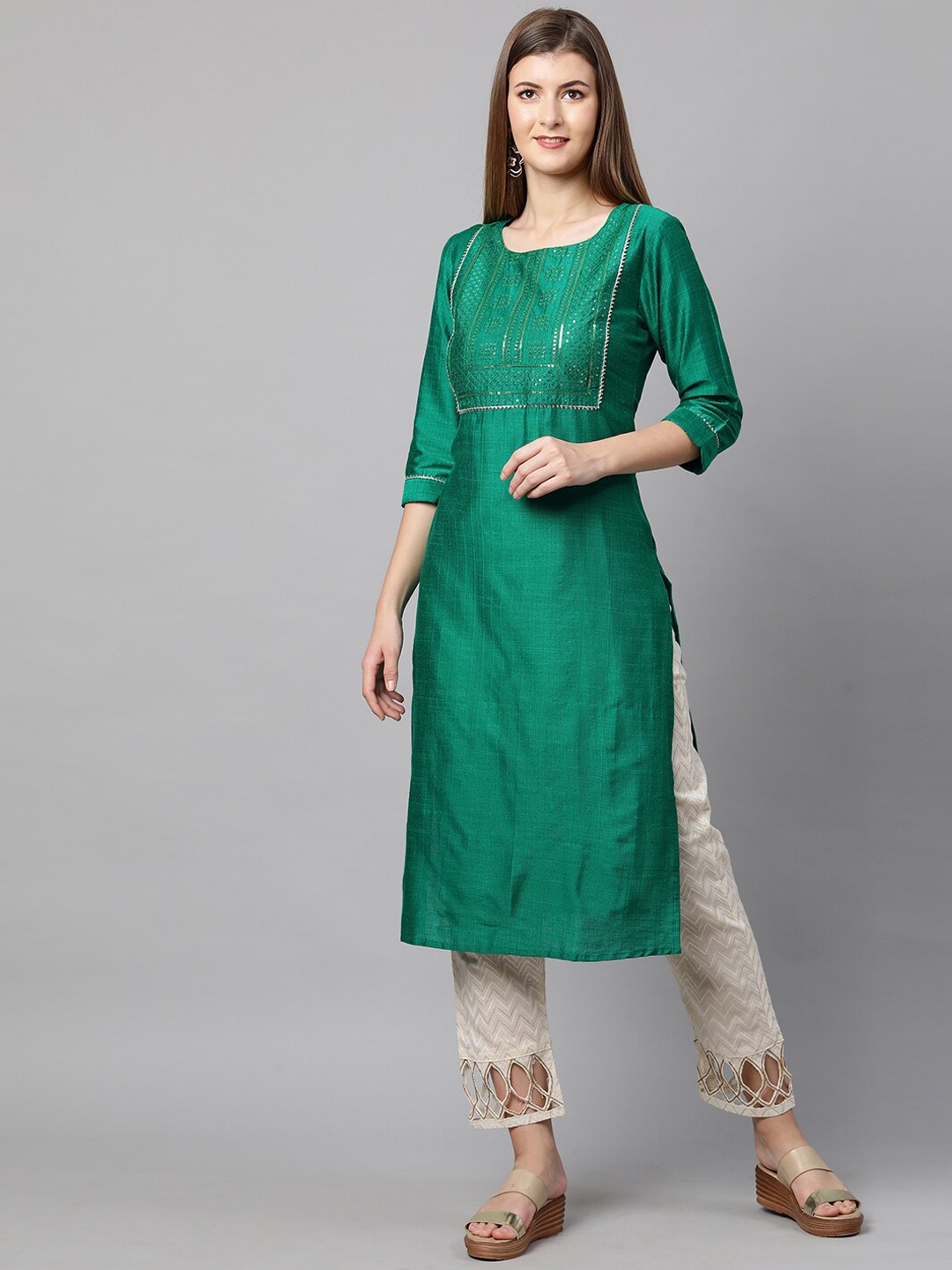 

FASHOR Women Sea Green Embroidered Yoke Design Kurta