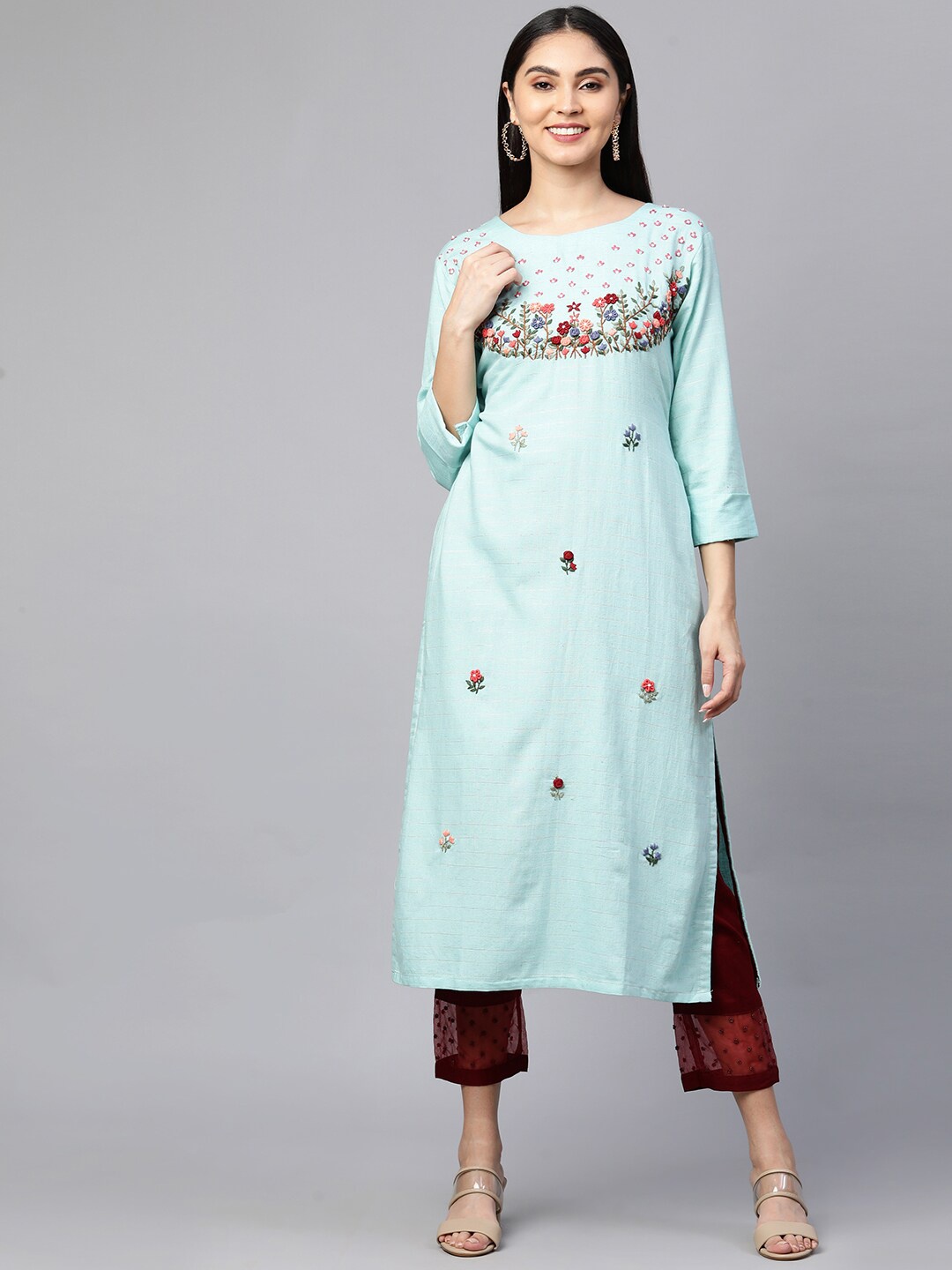 

FASHOR Women Blue Floral Embroidered Thread Work Kurta