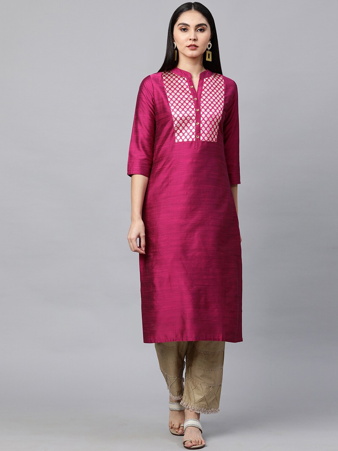 

FASHOR Women Magenta Yoke Design Dupion Silk Straight Kurta