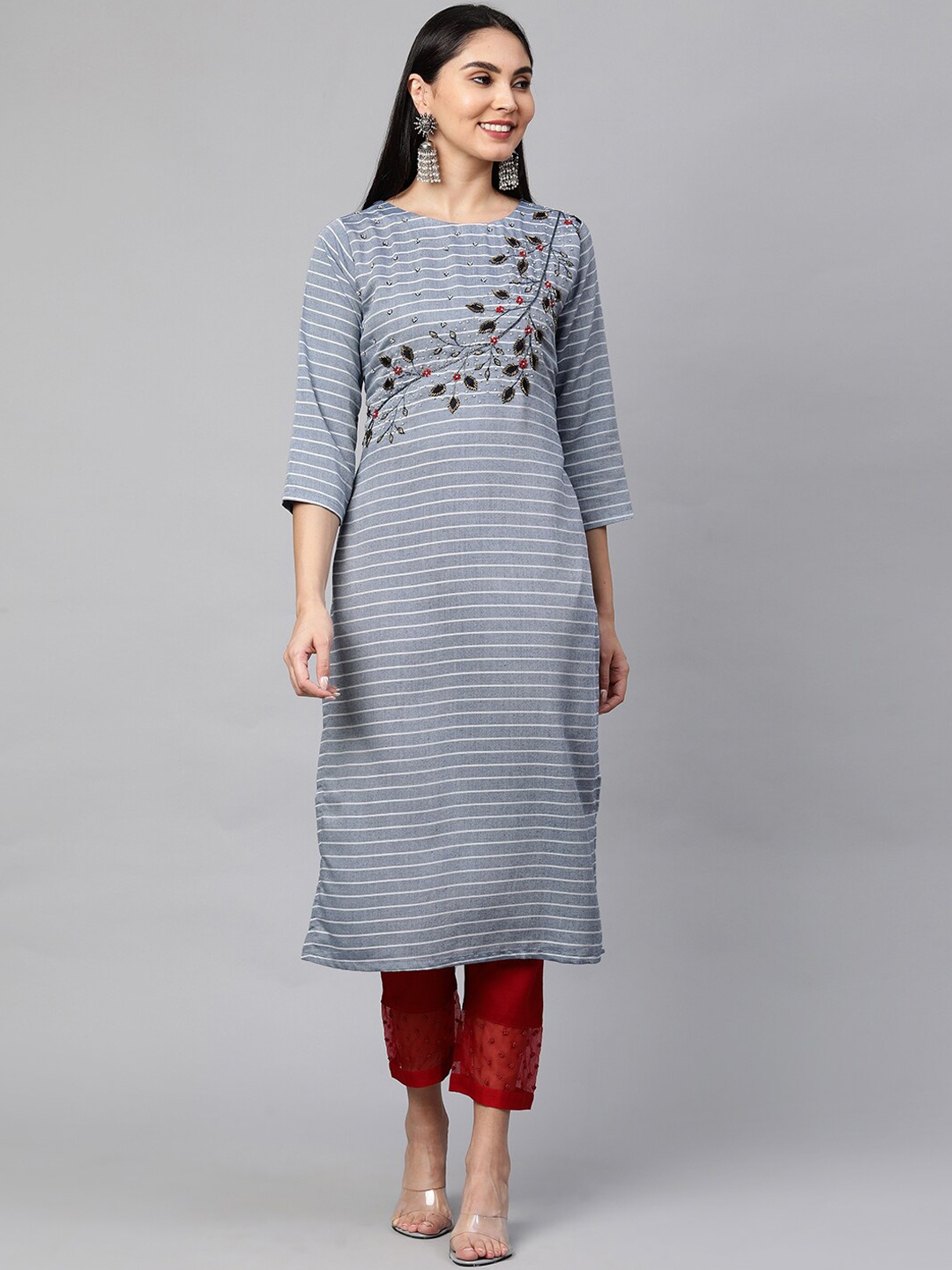 

FASHOR Women Grey Striped Keyhole Neck Thread Work Kurta
