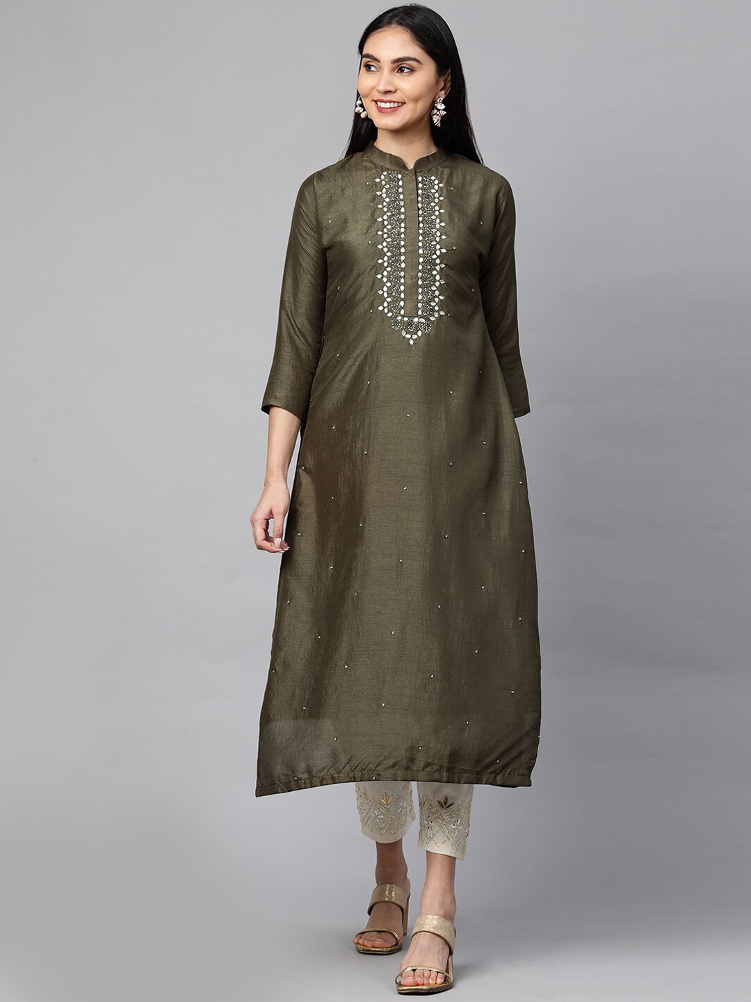 

FASHOR Women Green Yoke Design Flared Sleeves Kurta