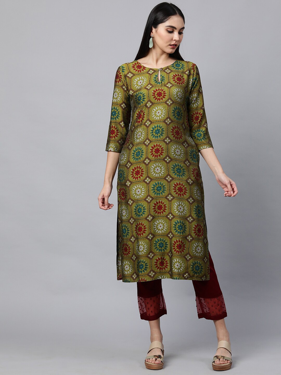 

FASHOR Women Green Ethnic Motifs Printed Keyhole Neck Kurta