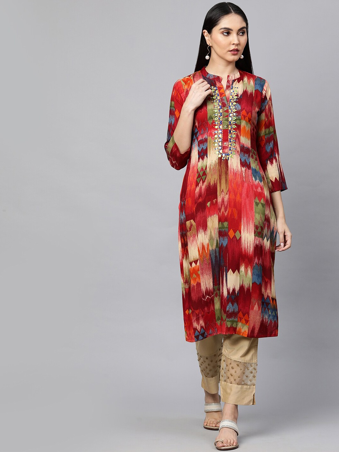 

FASHOR Women Red Straight Printed Kurta