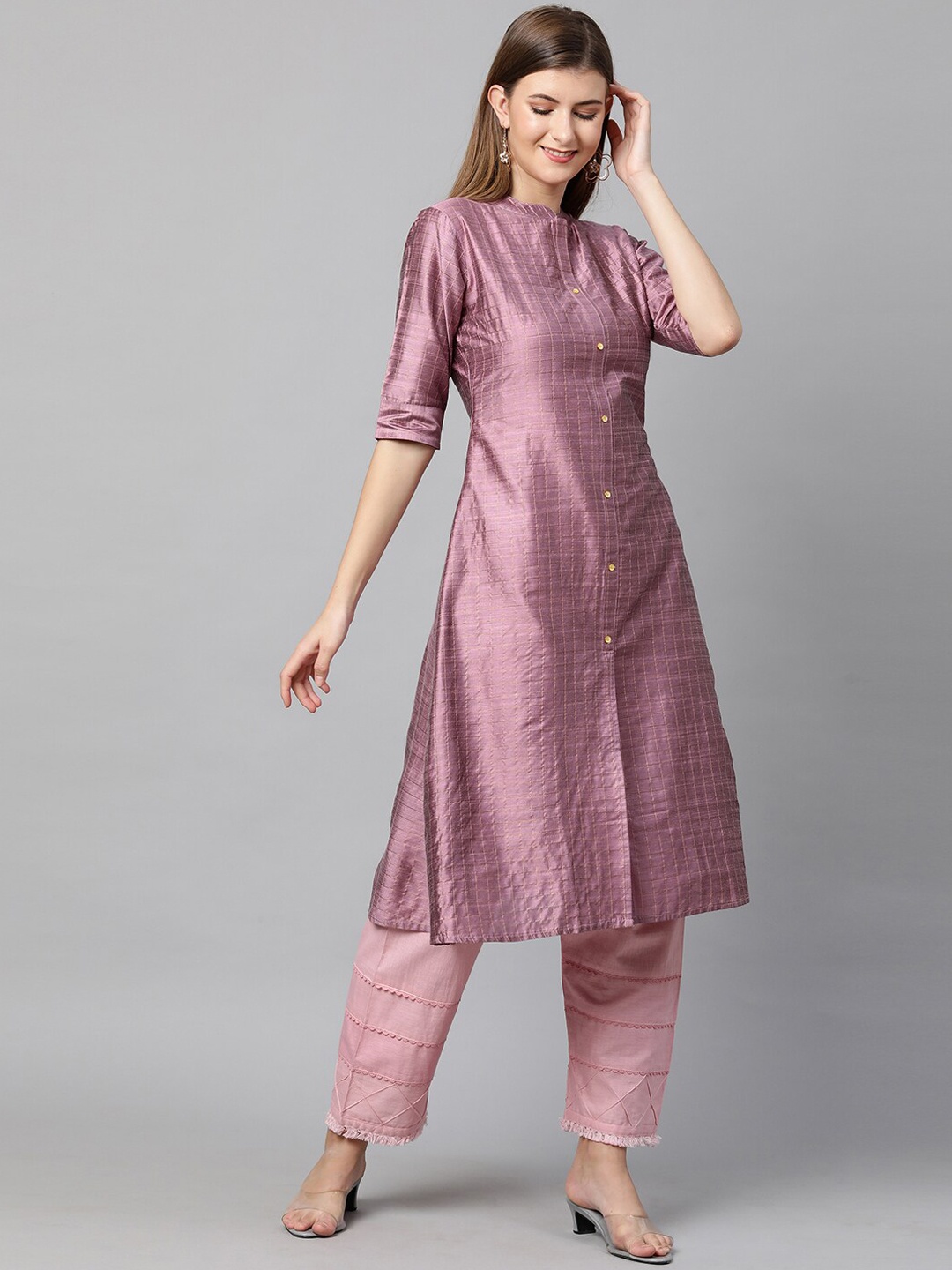 

FASHOR Women Pink & Yellow Checked Mandarian Neck Thread Work A-lIne Kurta
