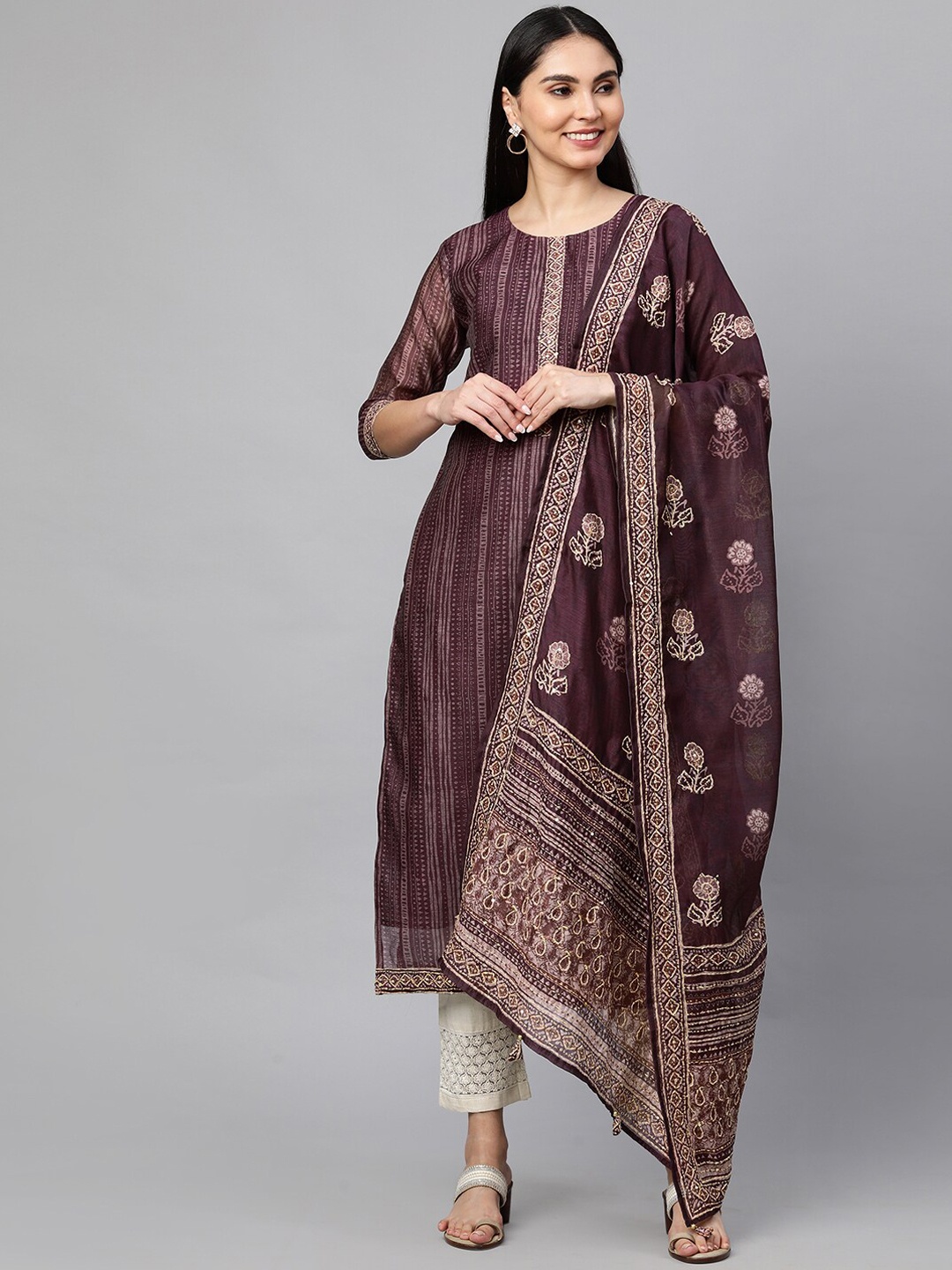 

FASHOR Women Burgundy Paisley Striped Chanderi Silk Chanderi Silk Anarkali Kurta