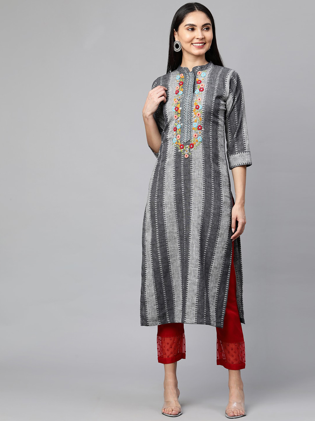 

FASHOR Women Grey Floral Embroidered Striped Straight Kurta