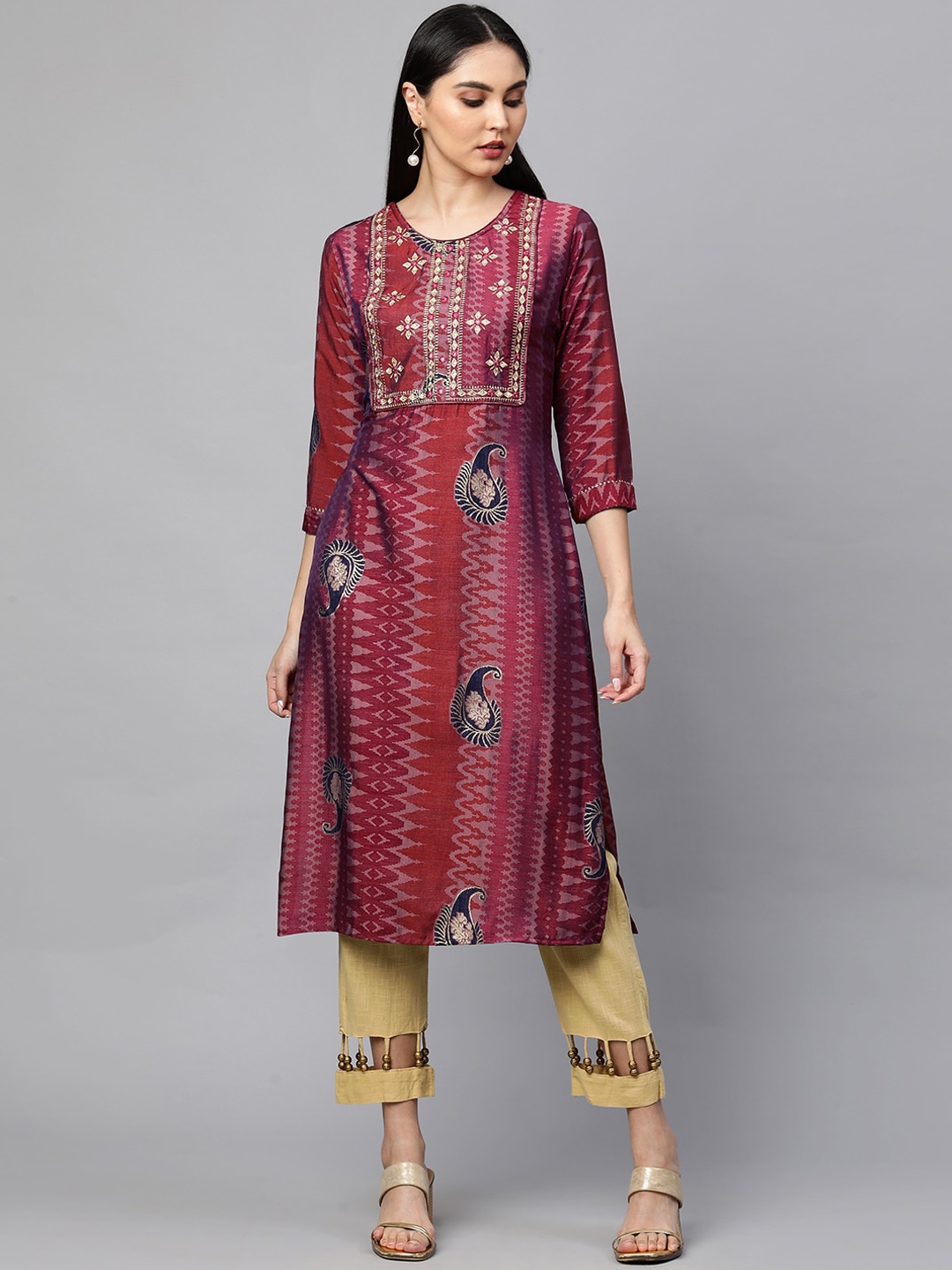 

FASHOR Women Maroon Muslin Silk Ethnic Motifs Yoke Design Mirror Work Kurta