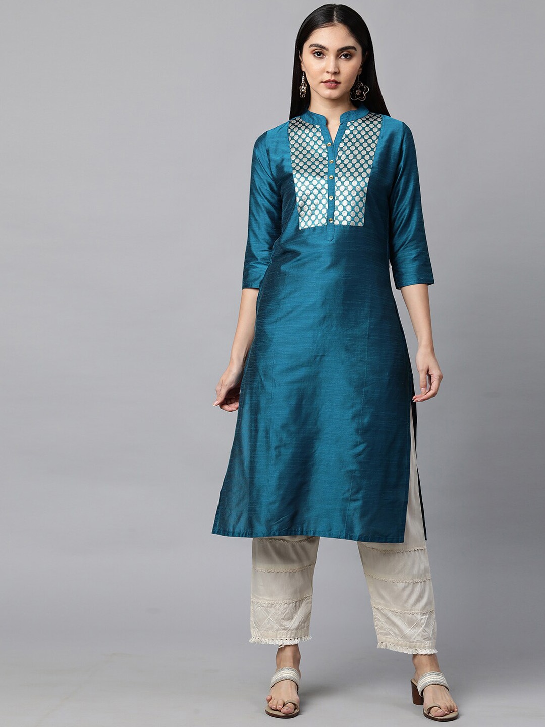 

FASHOR Women Teal Blue Yoke Design Dupion Silk Kurta