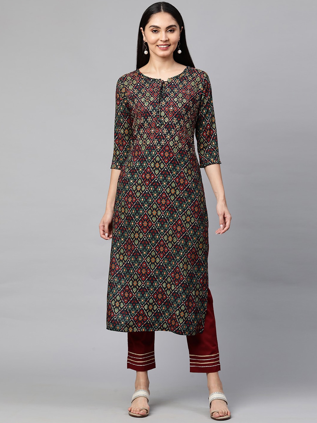 

FASHOR Women Navy Blue & Red Ethnic Motifs Printed Mirror Work Kurta