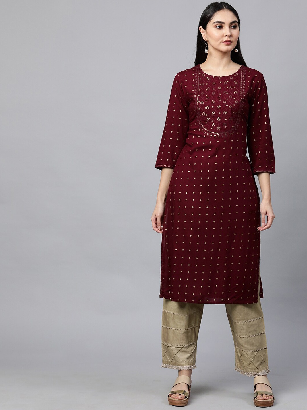 

FASHOR Women Maroon & Gold Toned Ethnic Motifs Printed Kurta