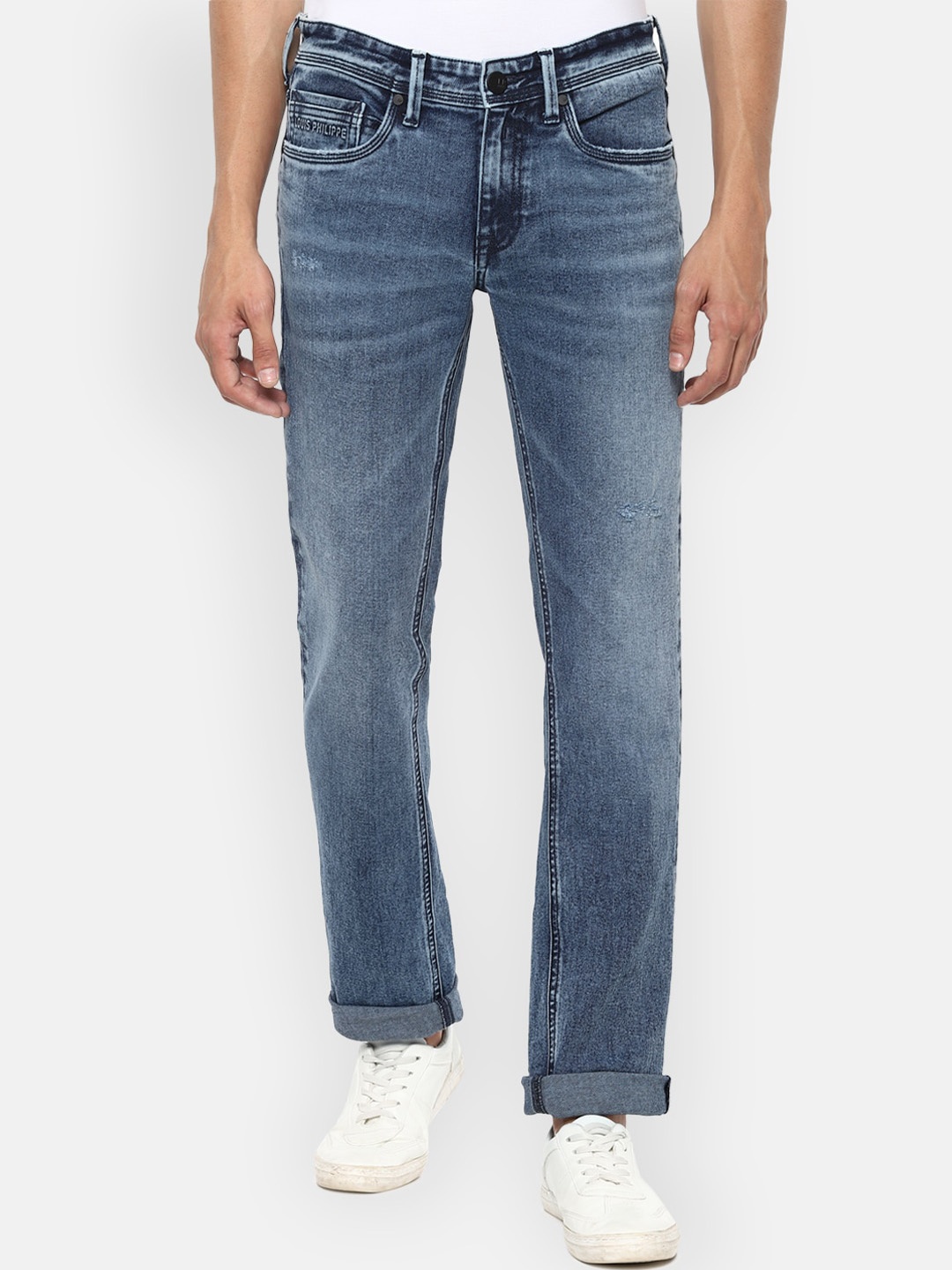 

Louis Philippe Jeans Men Blue Slim Fit Mid Rise Low Distress Heavy Fade Stretchable Jeans