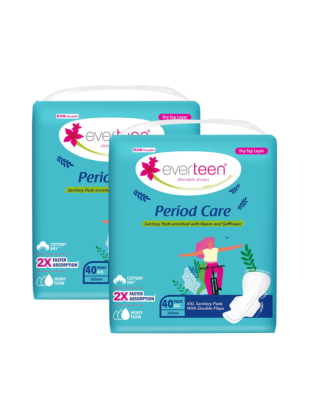 everteen Set of 2 XXL Sanitary Napkin Pads with Dry Top Layer - 40 Pads Each