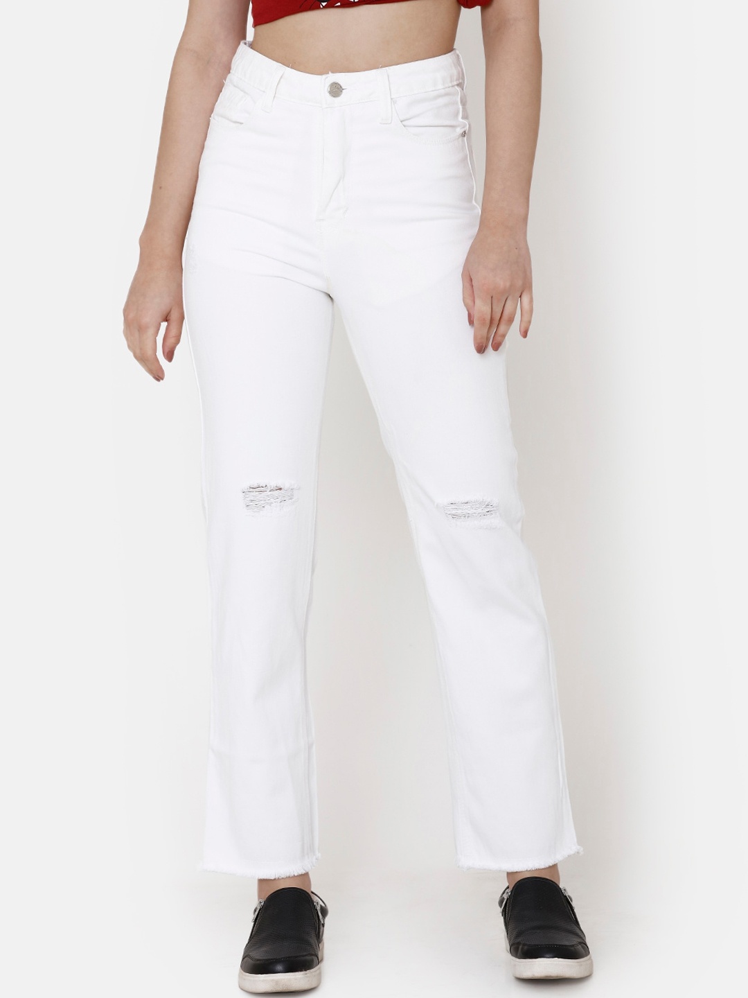 

ZHEIA Women White High-Rise Slash Knee Stretchable Jeans
