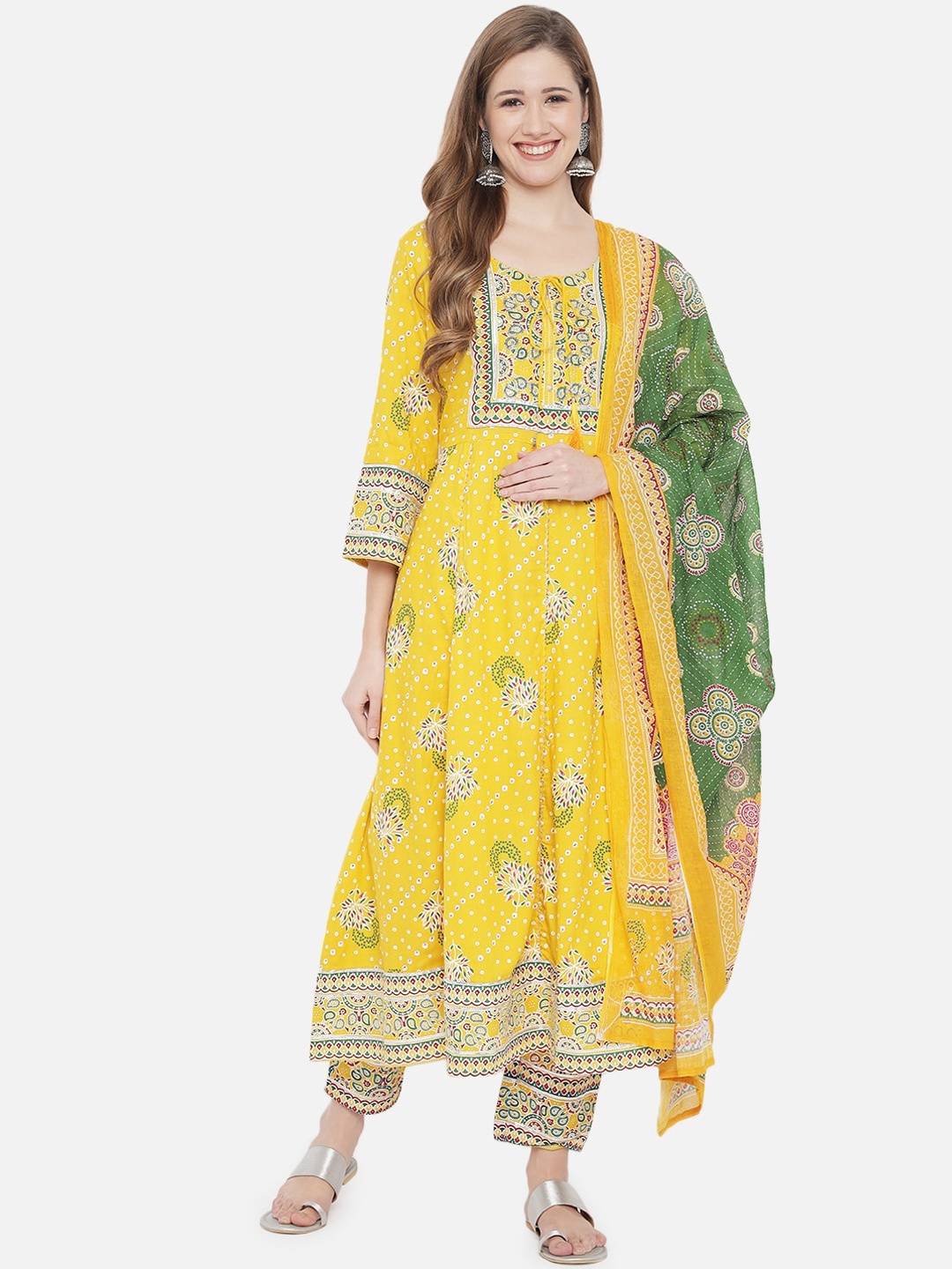 

Prakhya Women Yellow Floral Printed Kurta with Churidar & With Dupatta