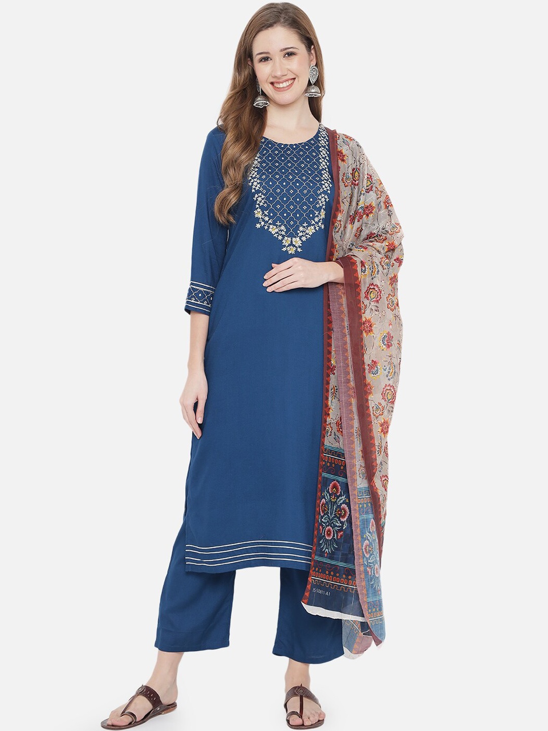 

Prakhya Women Blue Ethnic Motifs Embroidered Layered Kurta with Palazzos & Dupatta