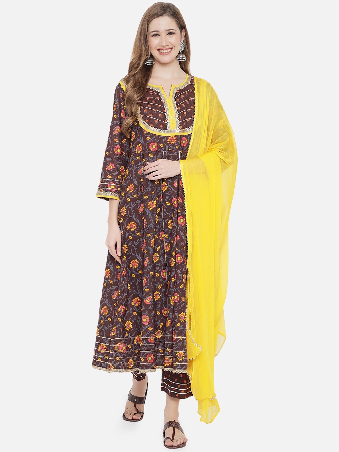 

Prakhya Women Brown Floral Printed Pleated Pure Cotton Kurta with Trousers & With Dupatta