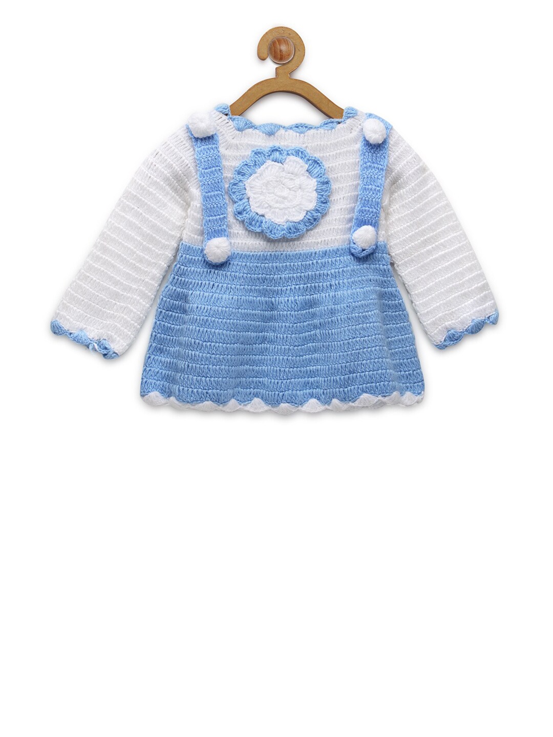 

CHUTPUT Infant Girls Blue & White Self Striped Pure Wool A-Line Dress