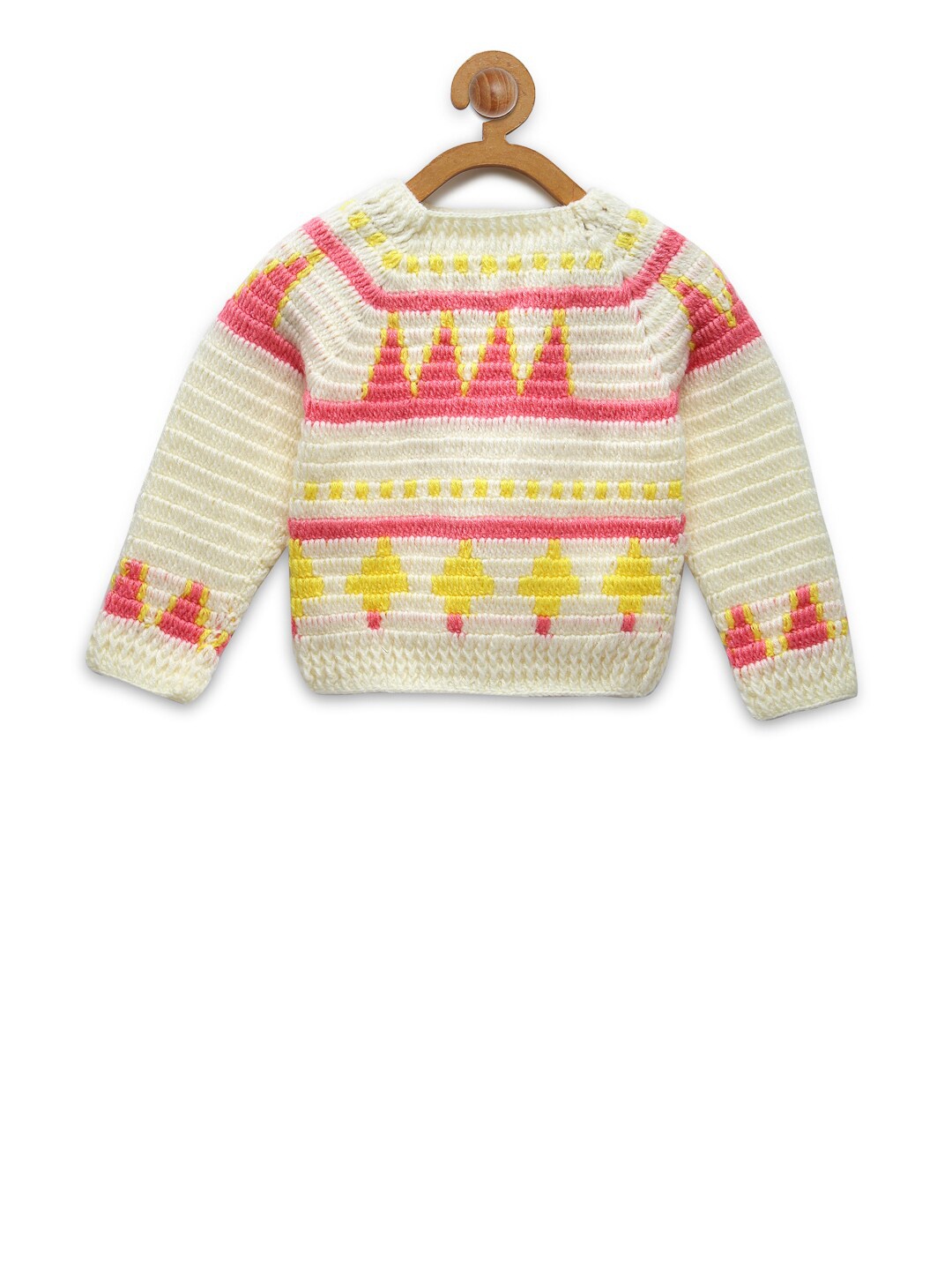 

CHUTPUT Kids Cream-Coloured & Pink Knitted Crochet Woolen Pullover