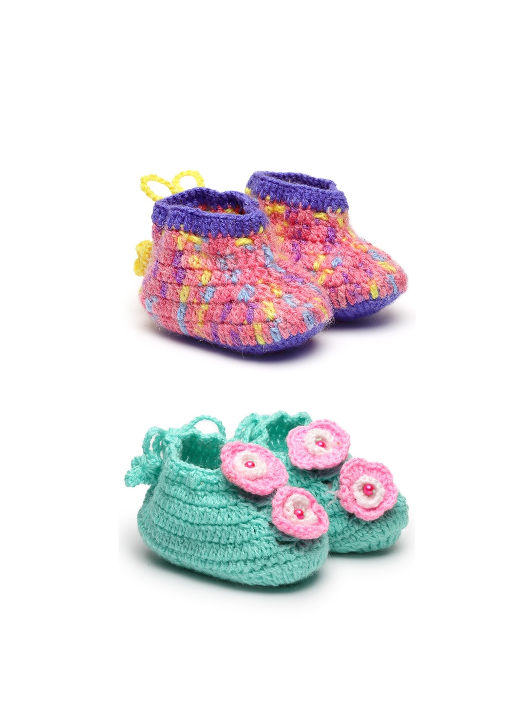 

CHUTPUT Infant Kids Set Of 2 Hand Knitted Pure Woollen Crochet Booties, Pink