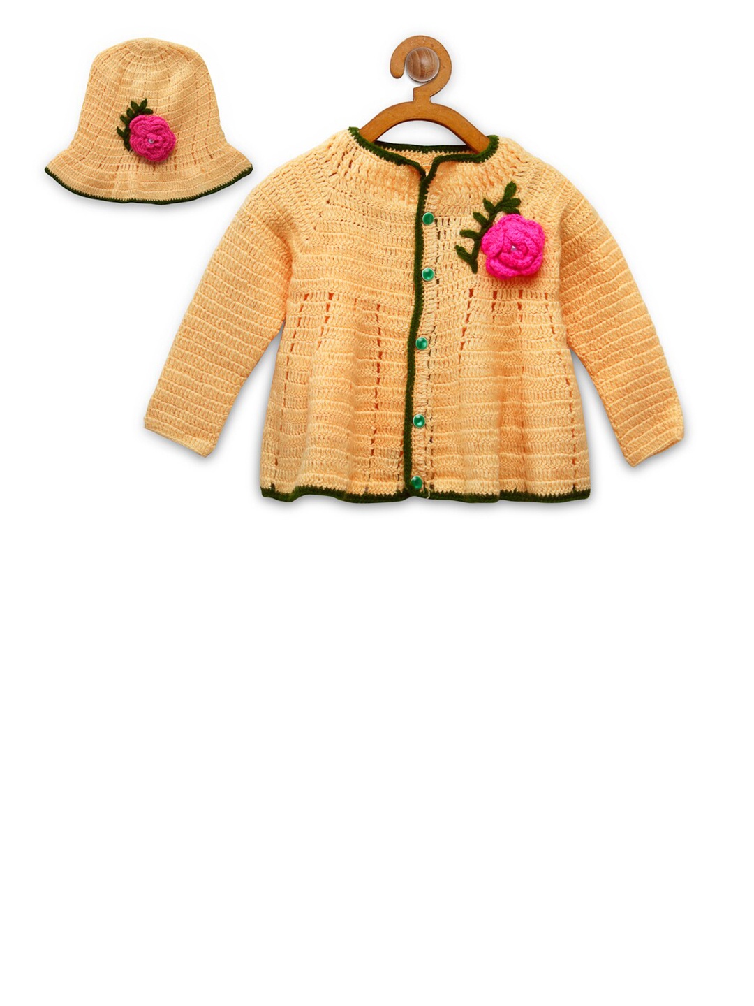 

CHUTPUT Yellow Hand Knitted Crochet Pure Wool Sweater Dress With Cap