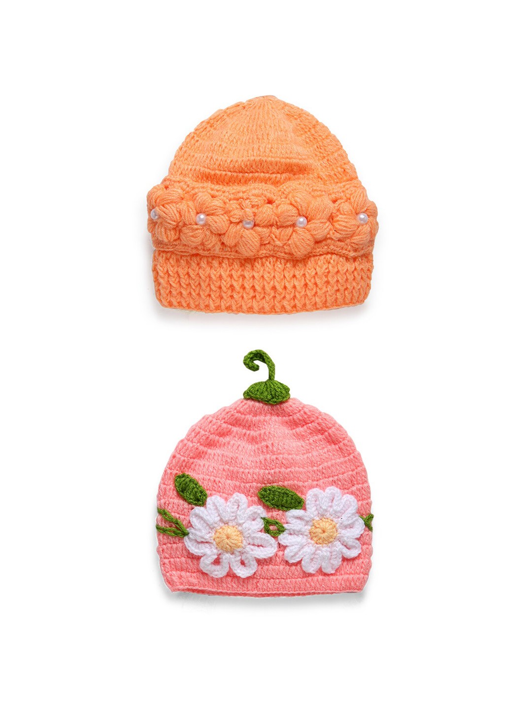 

CHUTPUT Unisex Kids Orange & Pink Set of 2 Hand knitted Crochet Beanie