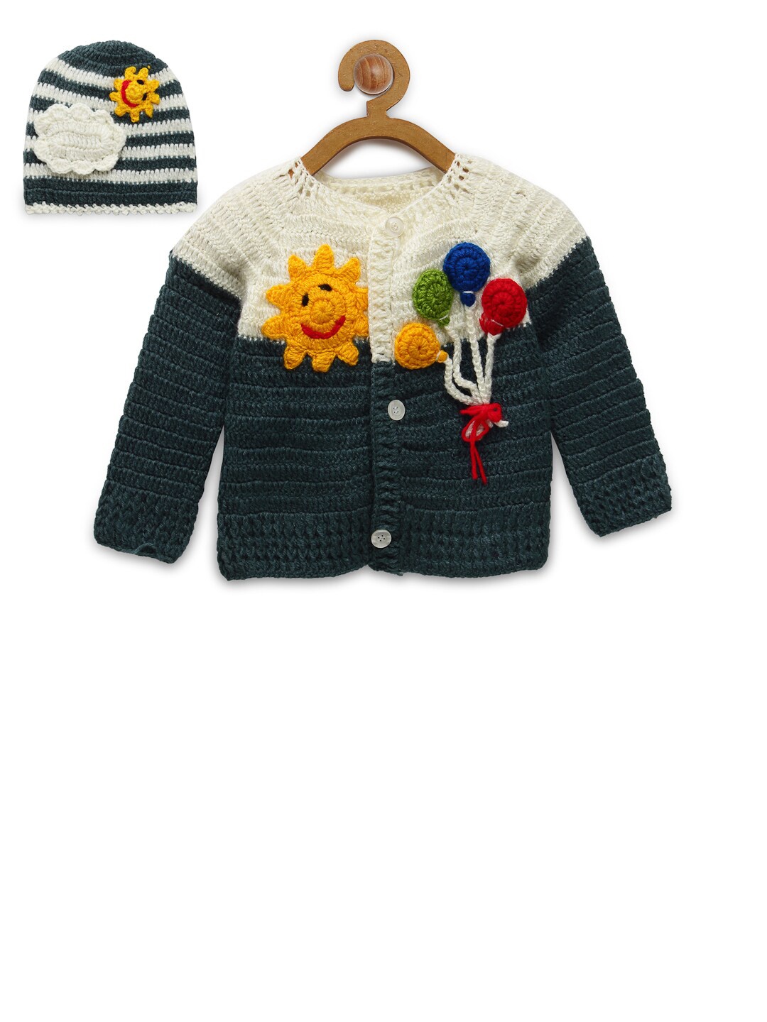 

CHUTPUT Kids Cream-Coloured & Green Embroidered Woolen Crochet Sweater with Beanie