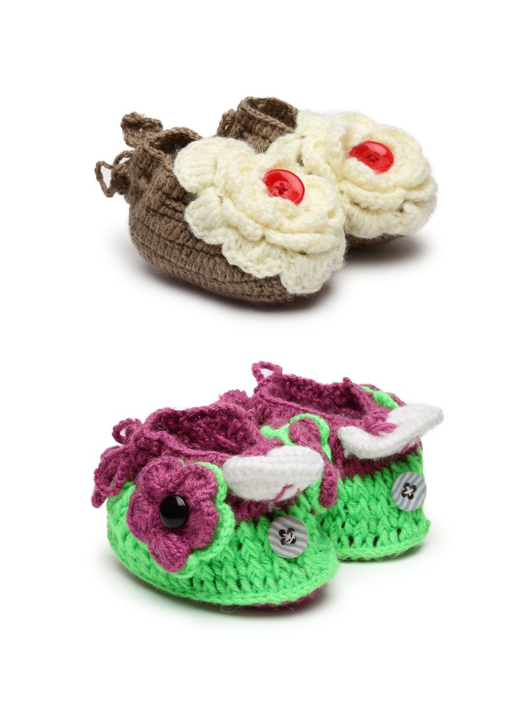 

CHUTPUT Infants Kids Set Of 2 Hand Knitted Crochet Pure Wool Booties, Brown