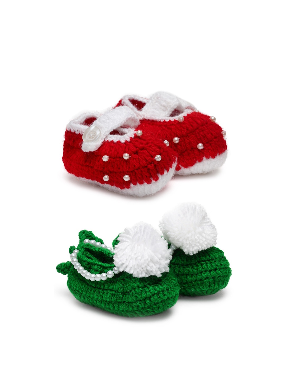 

CHUTPUT Infant Kids Set Of 2 Hand Knitted Pure Woollen Crochet Booties, Green