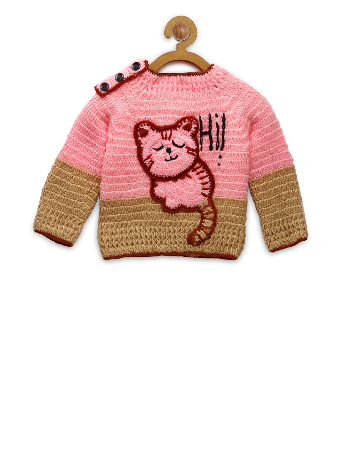 

CHUTPUT Unisex Kids Pink & Beige Colourblocked Hand knitted Crochet Pullover