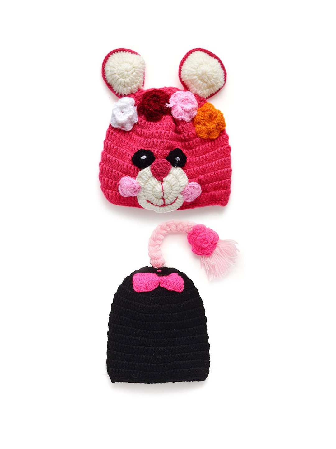 

CHUTPUT Kids Pack Of 2 Hand Knitted Wool Crochet Cap, Pink