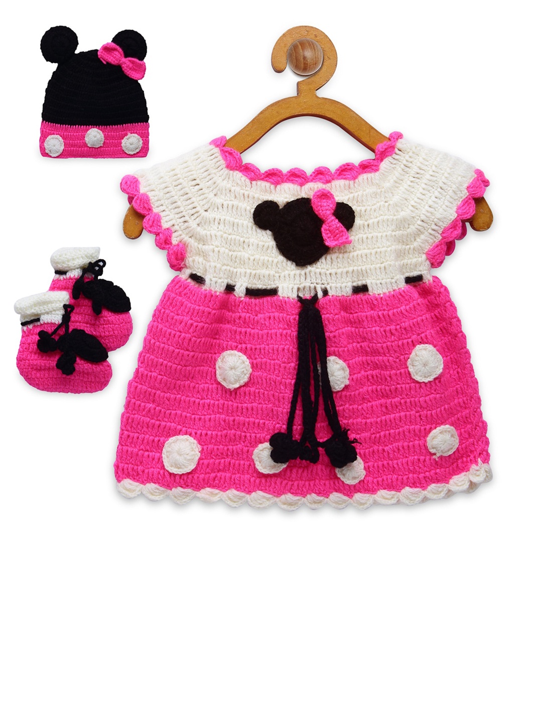 

CHUTPUT Pink & White Hand Knitted Crochet Pure Wool Sweater Dress