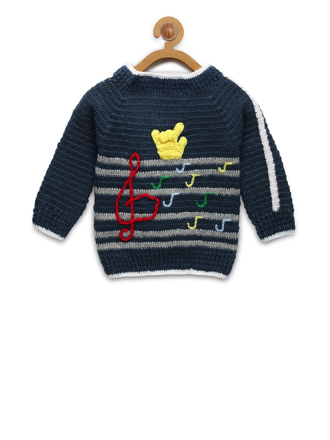 

CHUTPUT Unisex Kids Teal & Grey Striped Pullover with Embroidered Detail