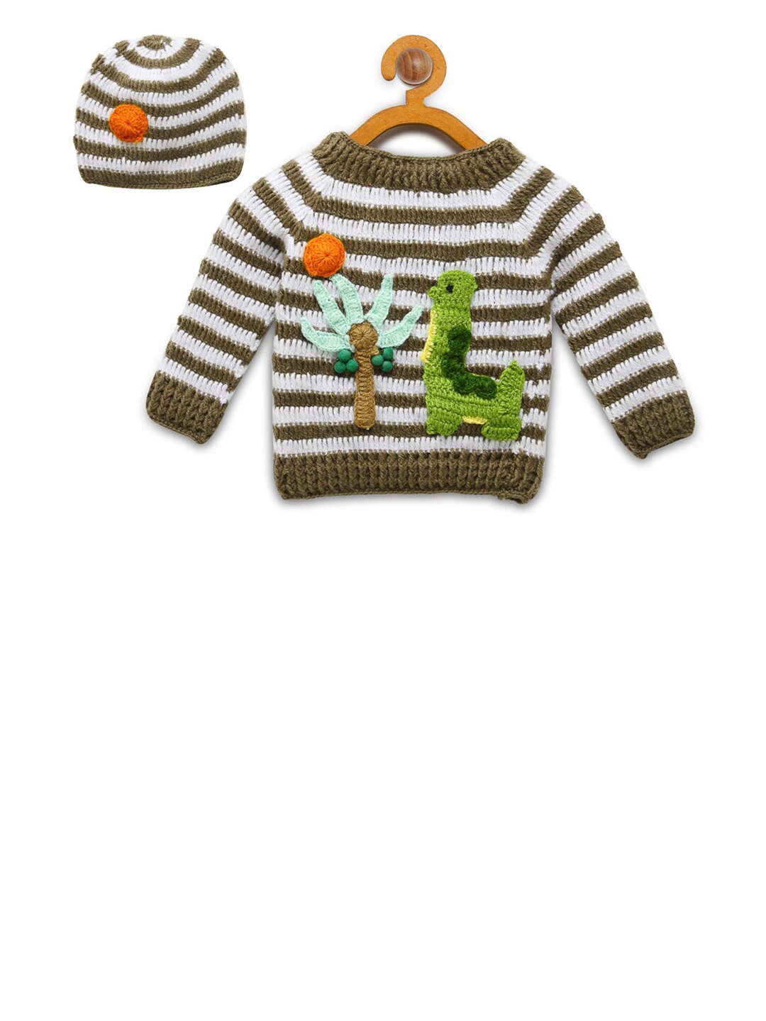 

CHUTPUT Unisex Kids Green & White Striped Pullover With Beanie