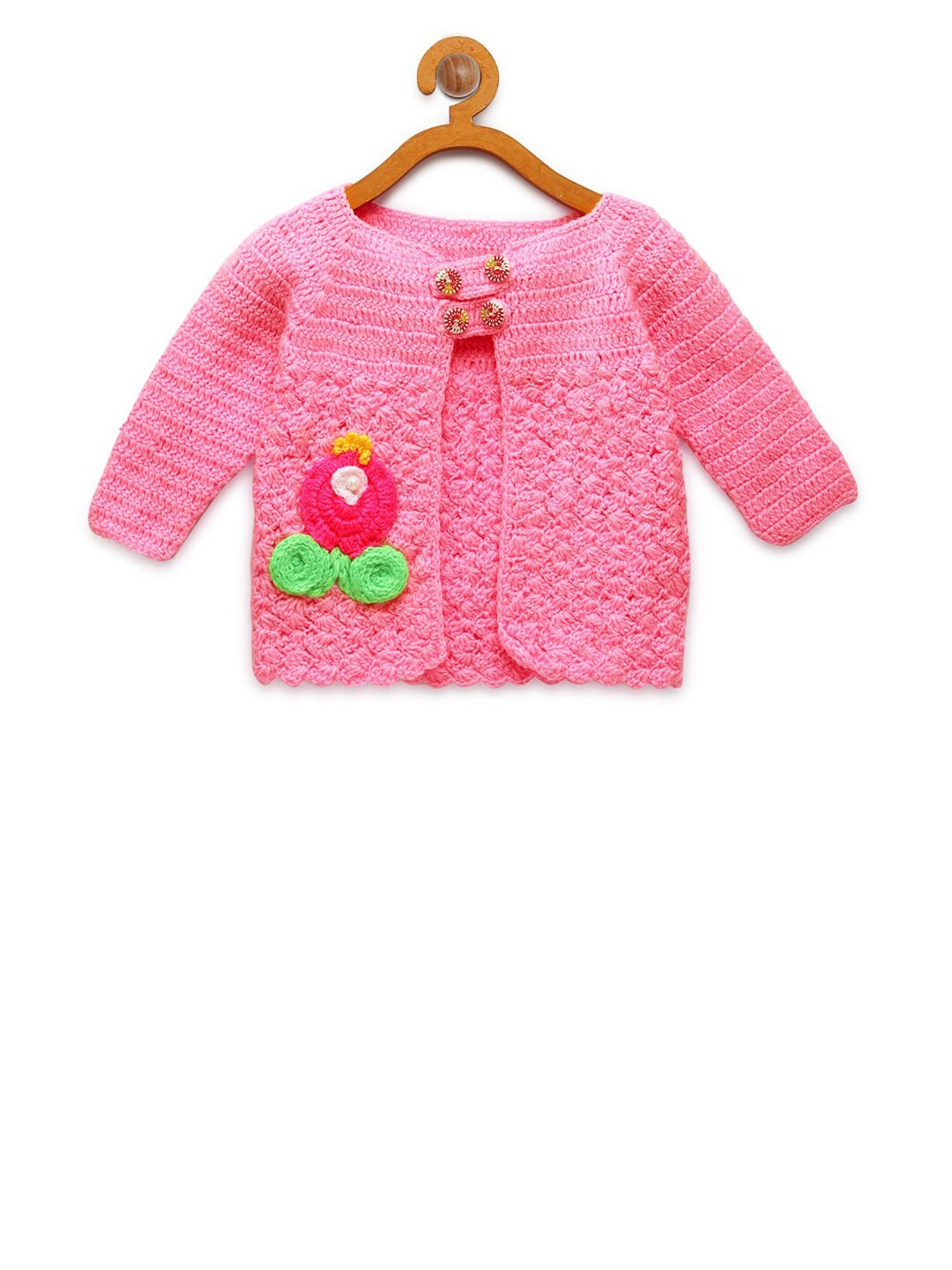 

CHUTPUT Kids Pink & Green Self Design Wool Front-Open Sweater