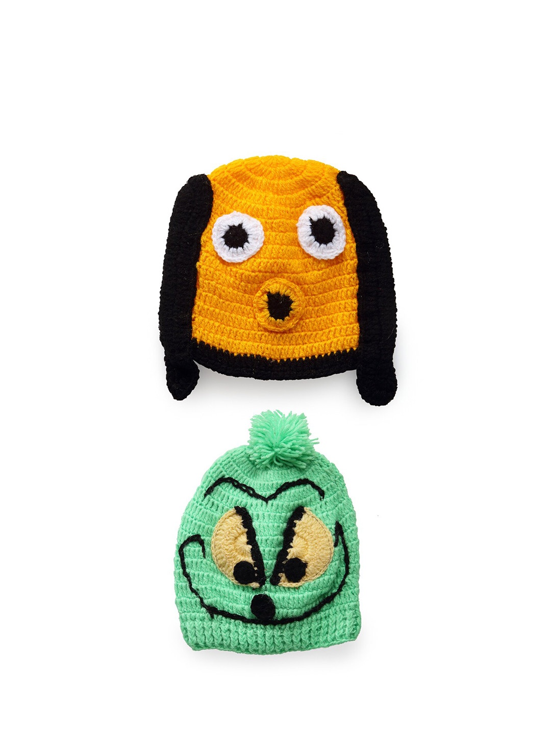 

CHUTPUT Unisex Kids Set Of 2 Green & Yellow Crochet Beanie