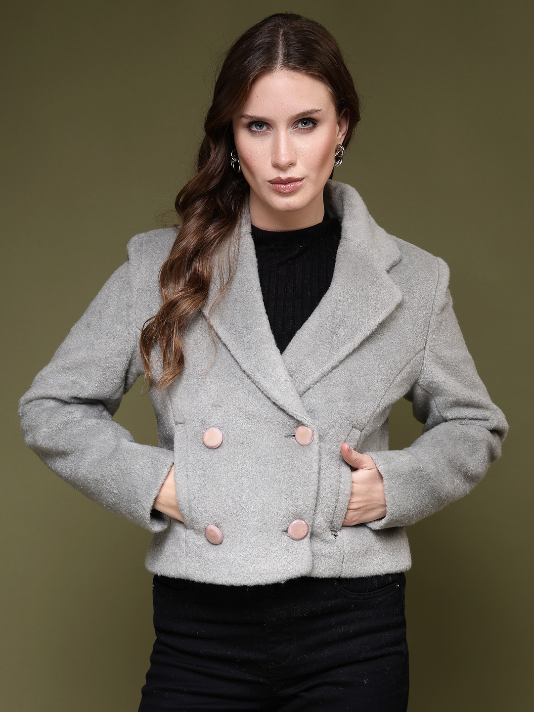 

Juelle Women Grey Self Design Double Breasted Crop Overcoat