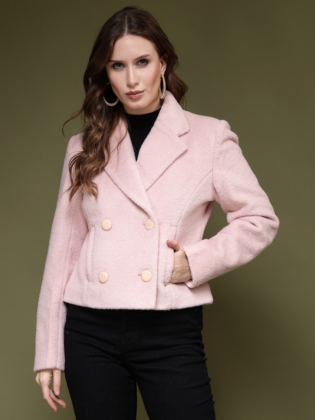

Juelle Women Pink Self Design Double Breasted Crop Overcoat