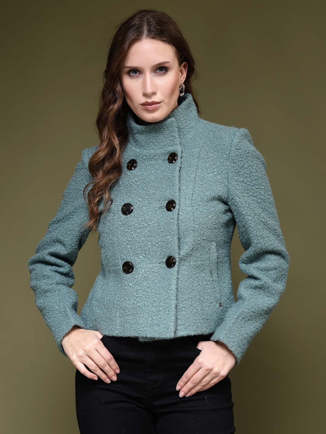 

Juelle Women Turquoise Blue Solid Double Breasted Crop Peacoat