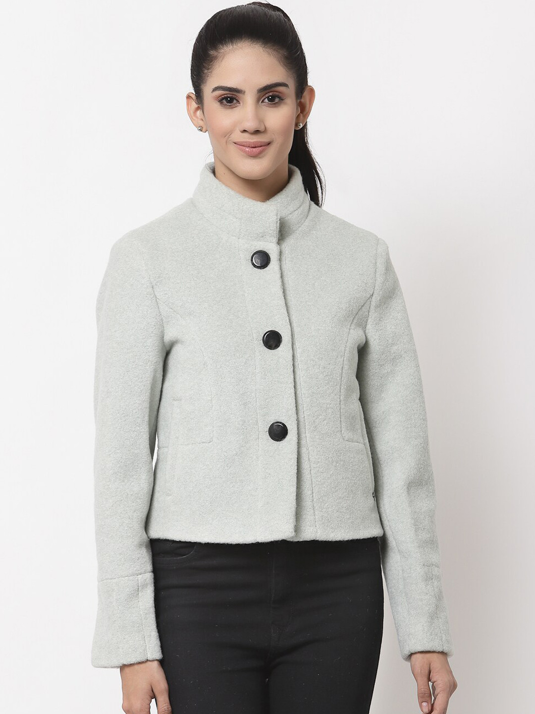 

Juelle Women Grey Self Design Pea Coat