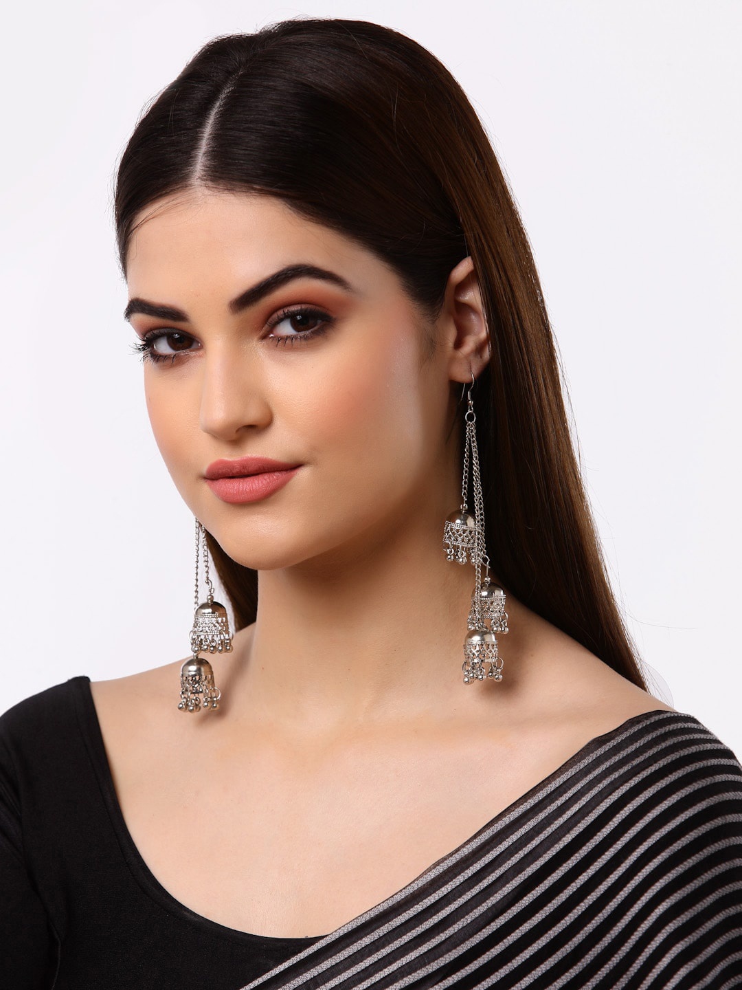

Arrabi Gunmetal-Toned Teardrop Shaped Jhumkas Earrings, Metallic