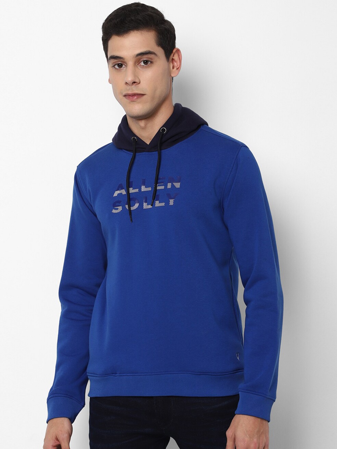 

Allen Solly Men Blue Brand Logo Printed Hooded Pure Cotton Sweatshirt