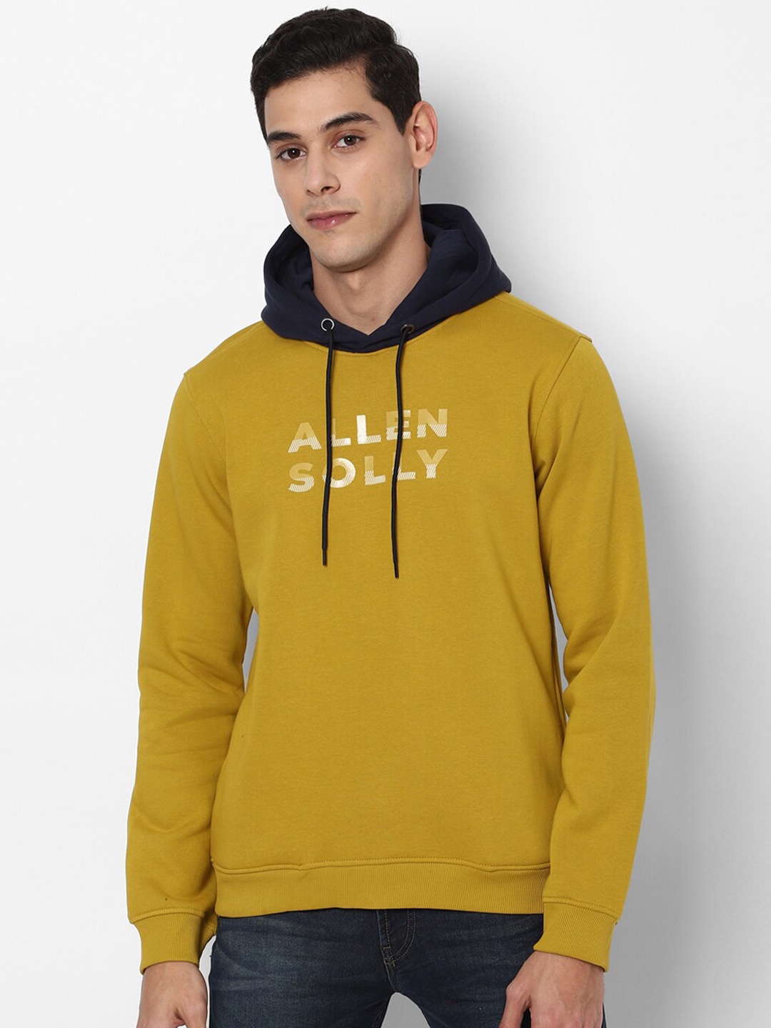 

Allen Solly Men Mustard Yellow Printed Pure Cotton Hooded Sweatshirt