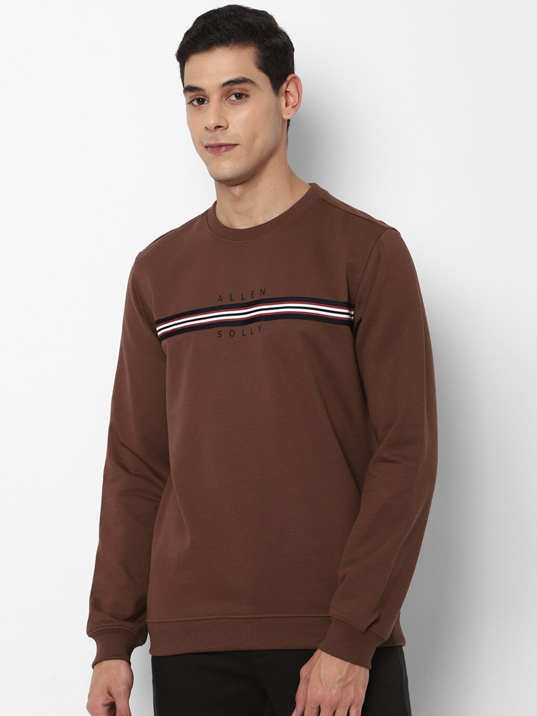 

Allen Solly Men Brown Striped Pure Cotton Sweatshirt with Logo Print