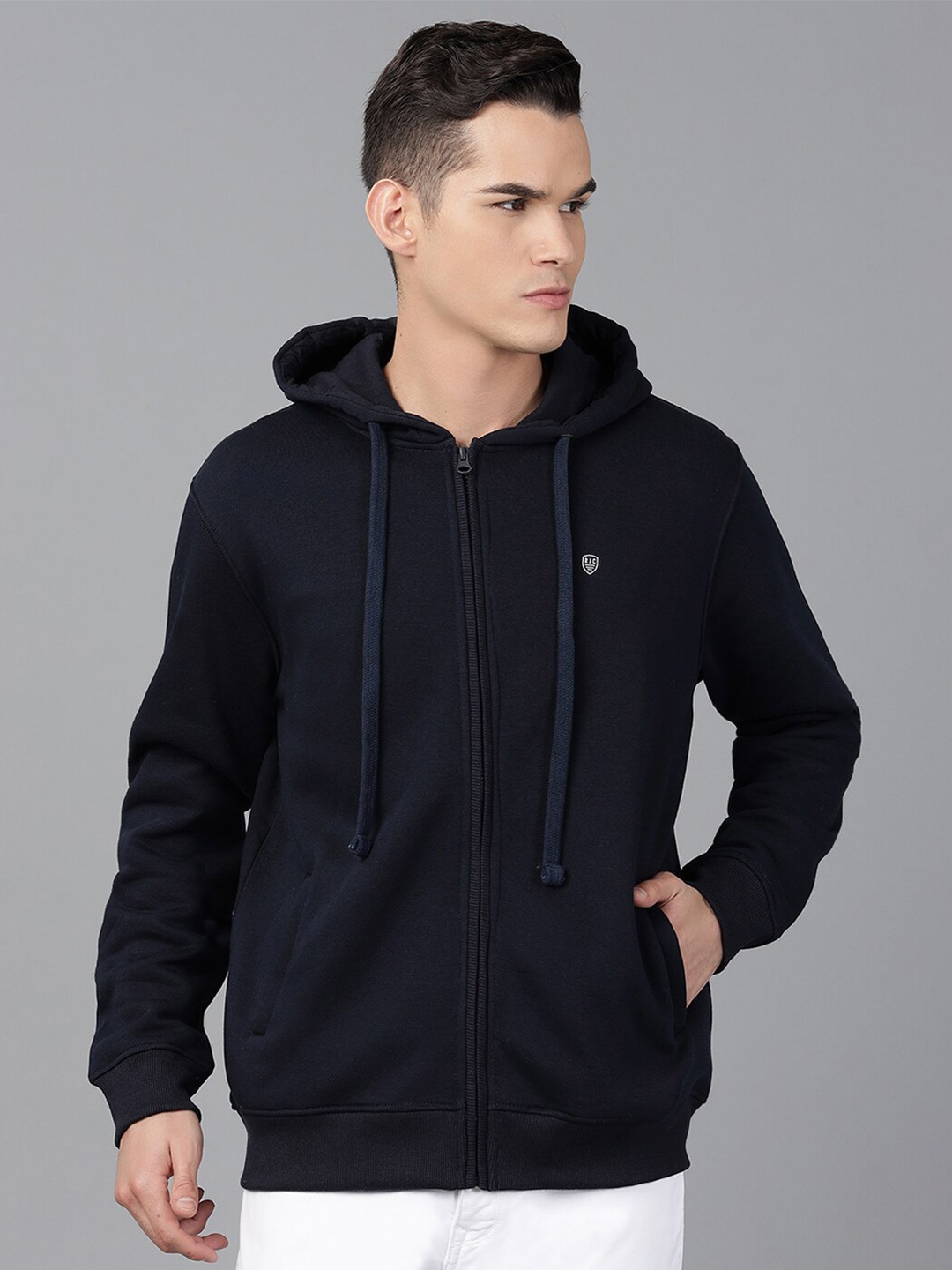 

Richlook Men Navy Blue Solid Hooded Sweatshirt