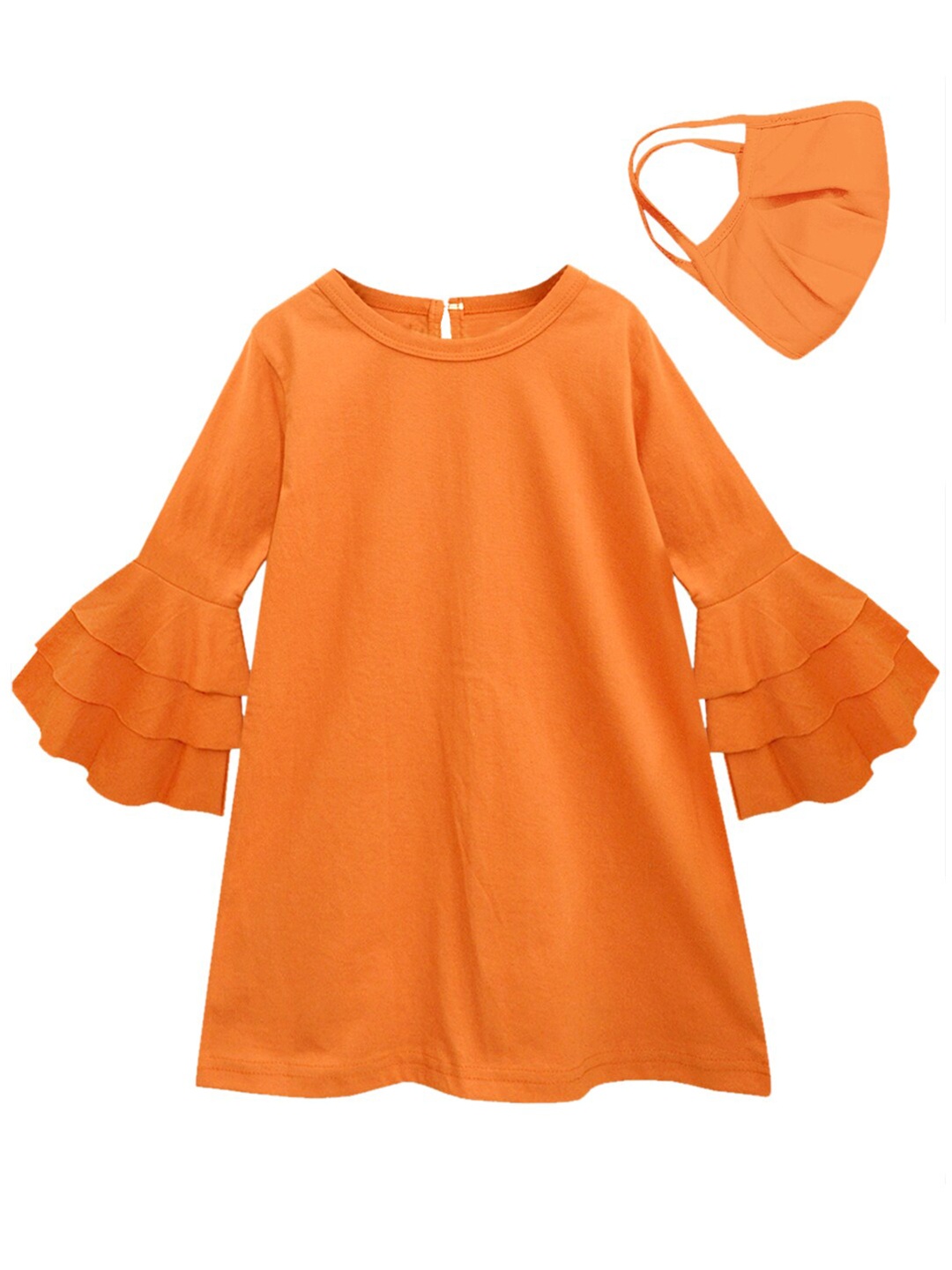 A T U N Orange Pure Cotton A-Line Dress with Mask
