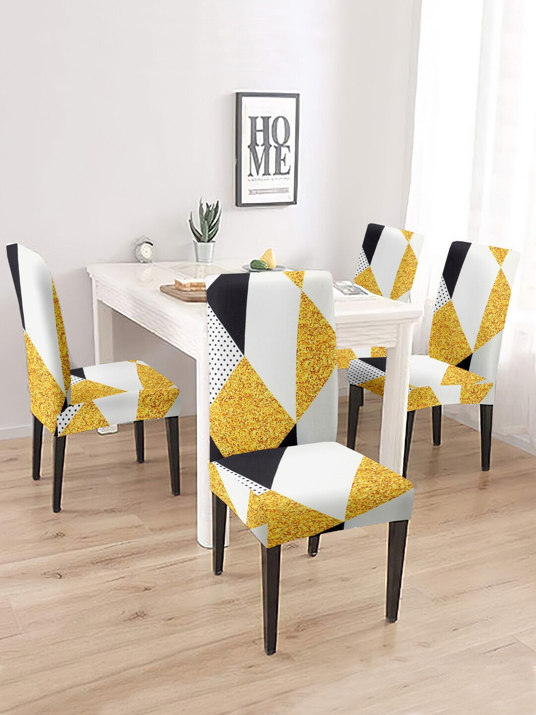 

Cortina Set Of 4 Yellow & White Printed Removable Chair Slip Covers