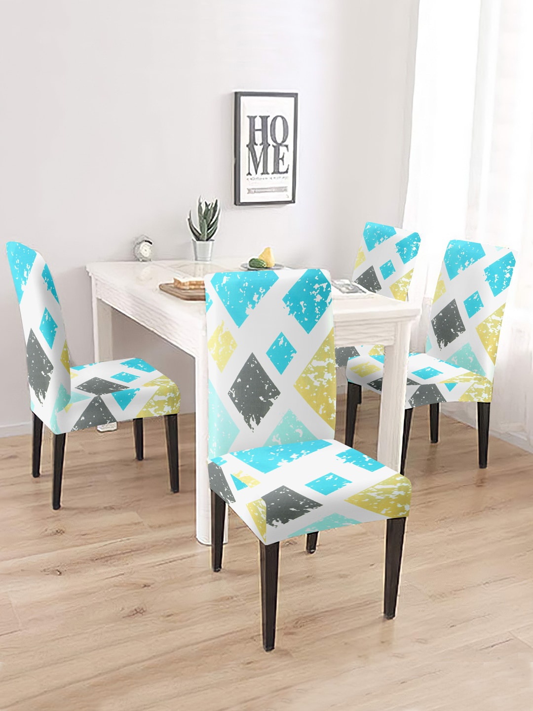 

Cortina Set Of 4 White & Blue Printed Removable Chair Slip Covers