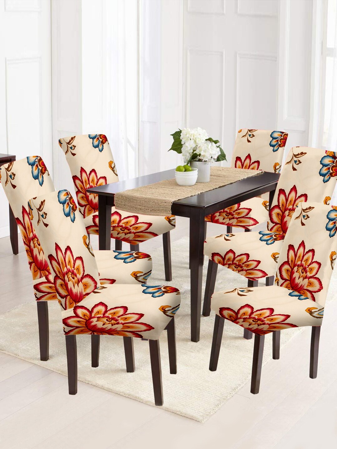 

Cortina Set Of 6 Beige & Red Printed Chair Covers