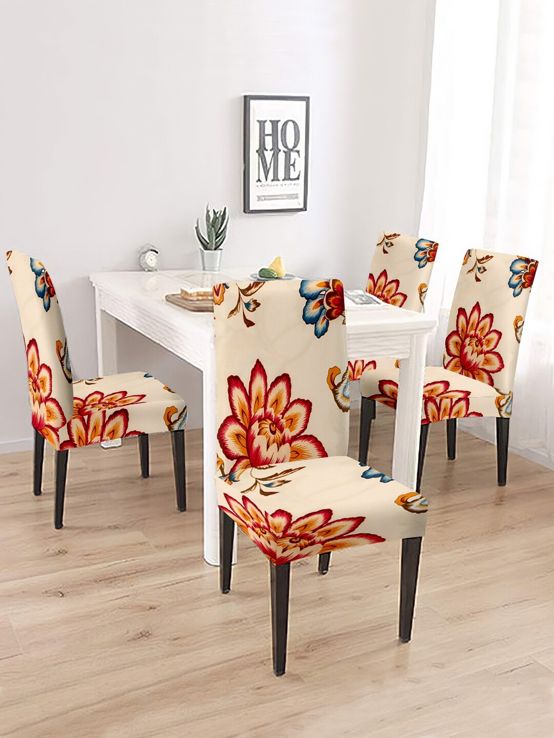 

Cortina Unisex Set Of 4 Cream Coloured & Orange Printed Chair Covers, Beige