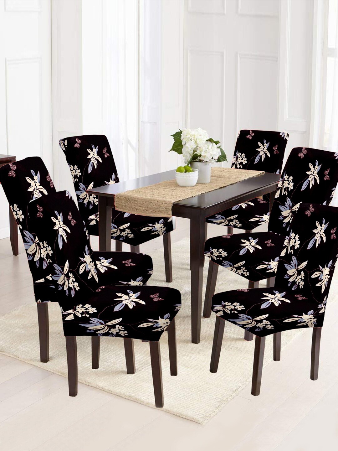 

Cortina Set Of 6 Floral Printed Chair Covers, Black